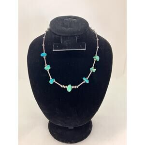 Native American Silver Bead, Turquoise Nuggets Vintage Necklace Choker 15”